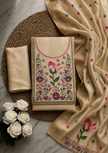 Beige Pure Banarasi Cotton Unstitched Suit Set