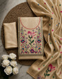 Beige Pure Banarasi Cotton Unstitched Suit Set