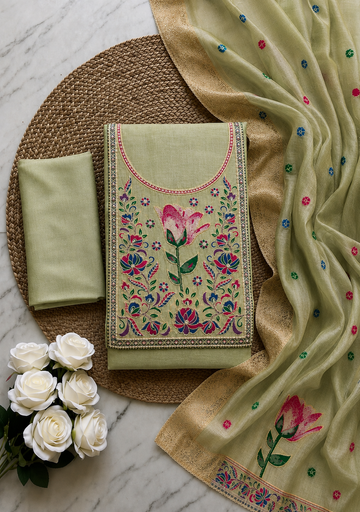 Light Green Pure Banarasi Cotton Unstitched Suit Set