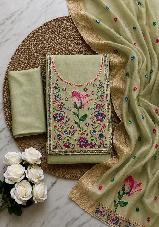 Light Green Pure Banarasi Cotton Unstitched Suit Set