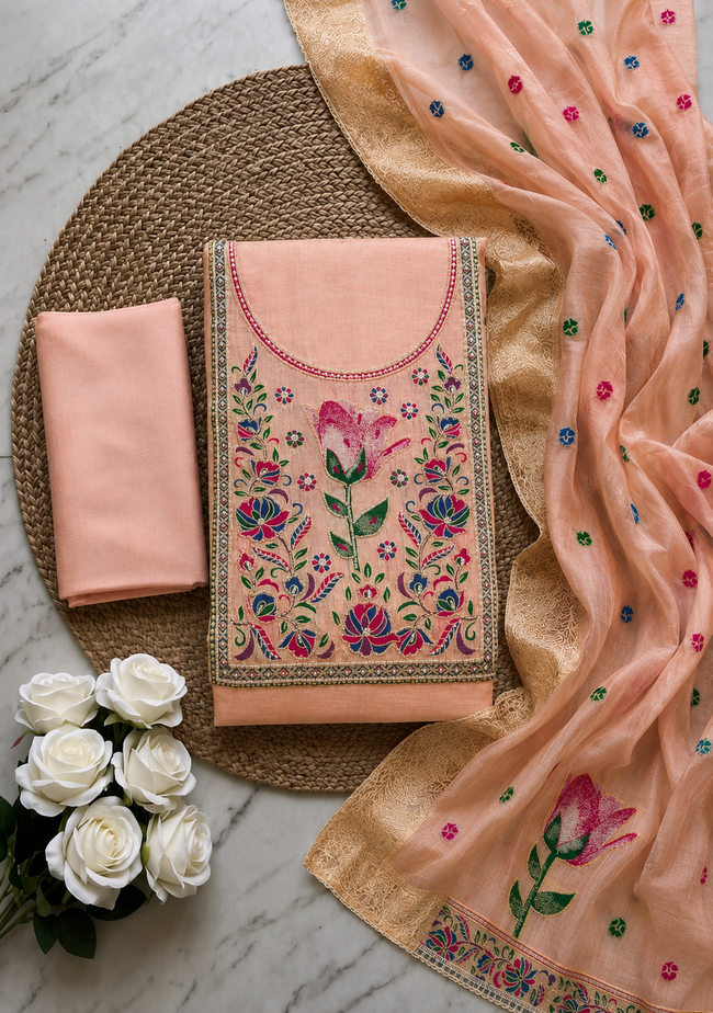 Peach Pure Banarasi Cotton Unstitched Suit Set
