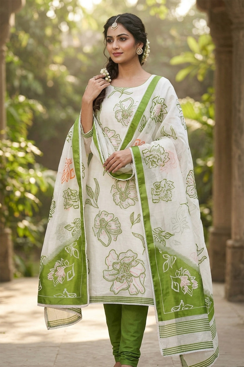 Green Pure Cotton Unstitched Suit Set