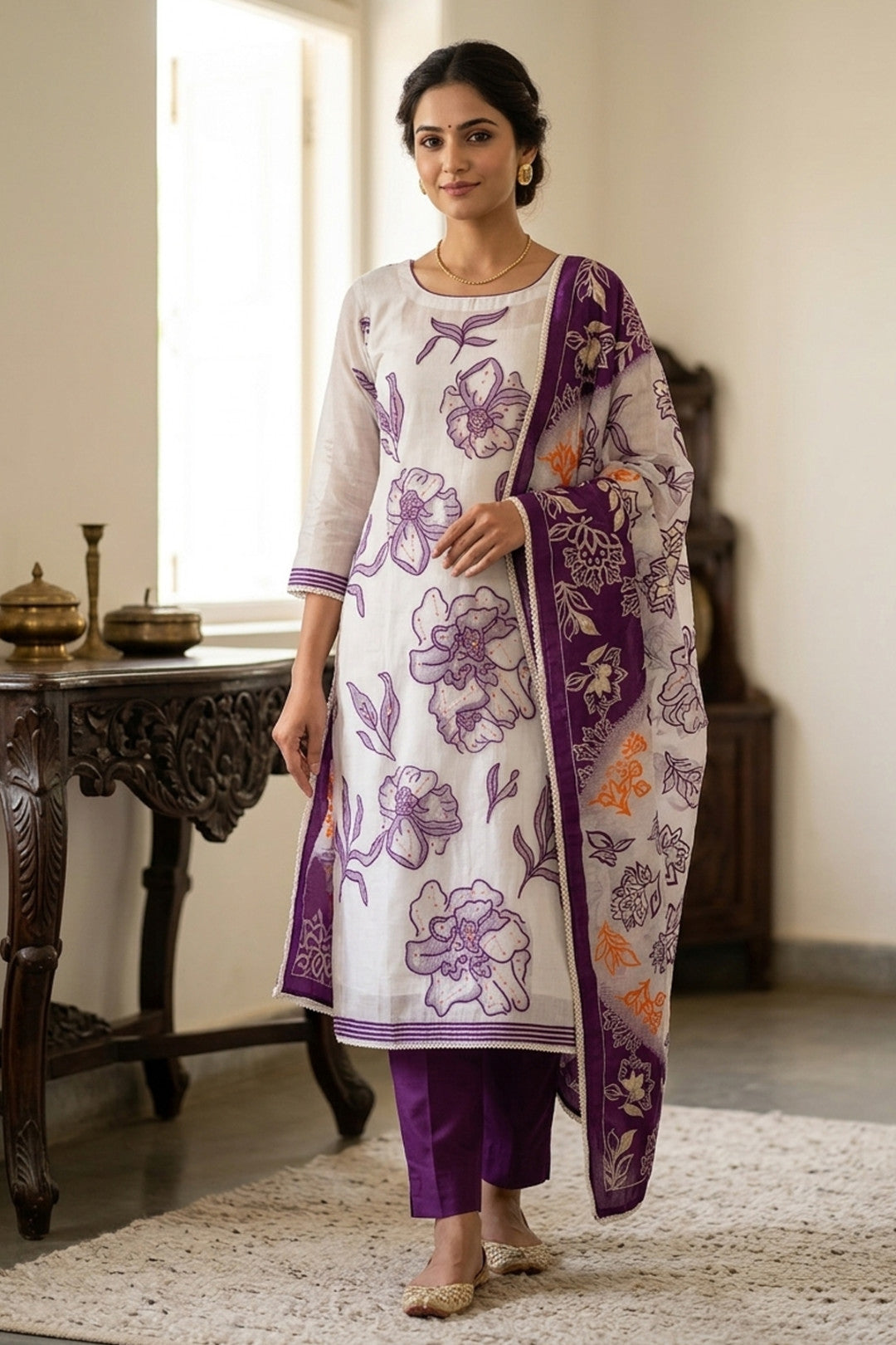 Purple Pure Cotton Unstitched Suit Set