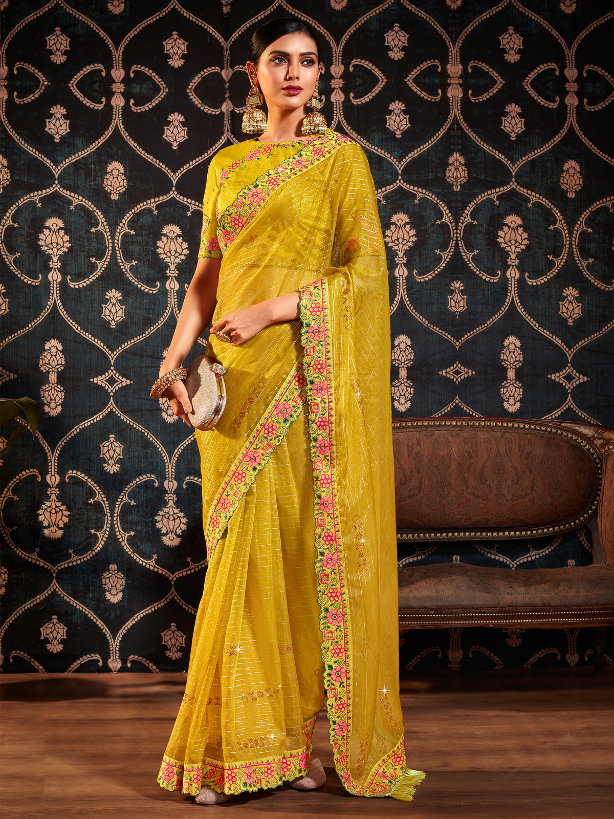 Mustard Organza Embroidery Saree