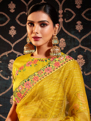 Mustard Organza Embroidery Saree