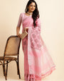 Baby Pink Linen Cotton Embroidery Saree