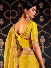 Mustard Organza Embroidery Saree