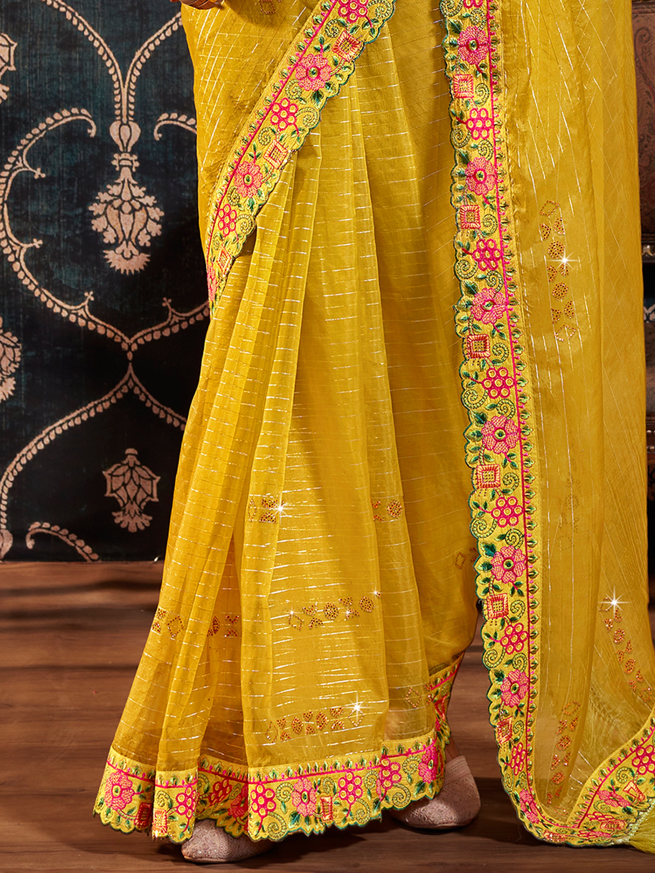 Mustard Organza Embroidery Saree