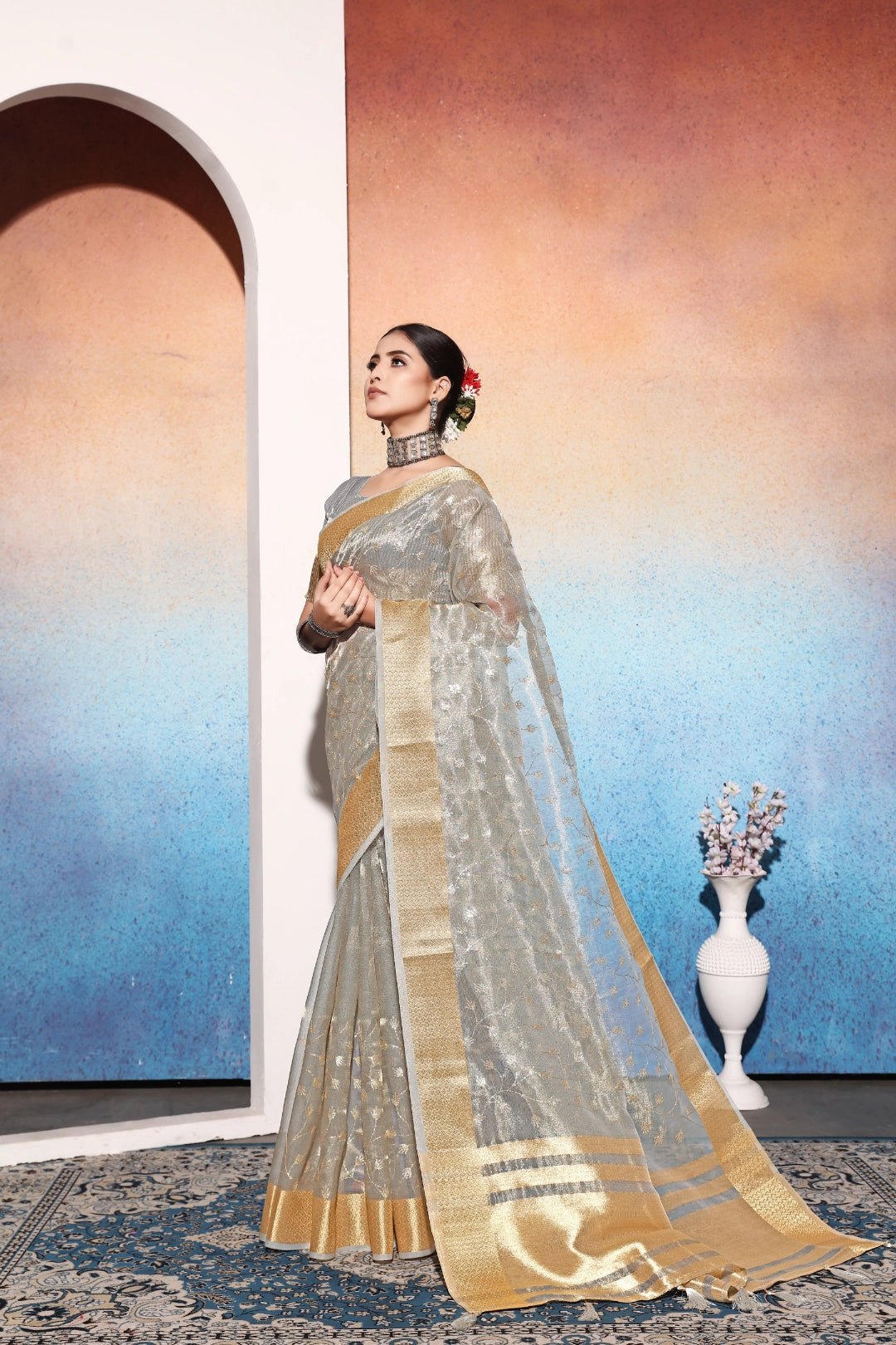 Grey Embroidered Tissue Cotton silk saree