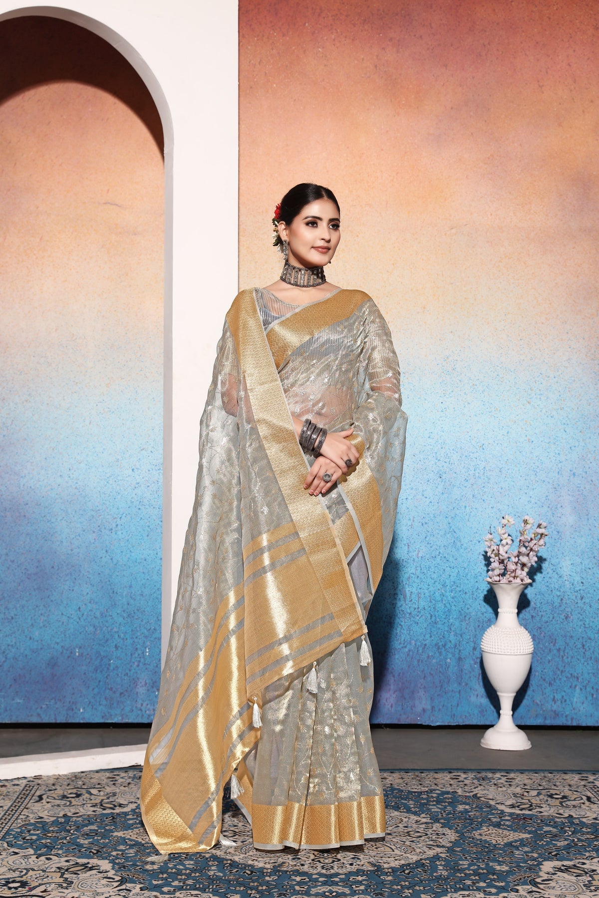 Grey Embroidered Tissue Cotton silk saree