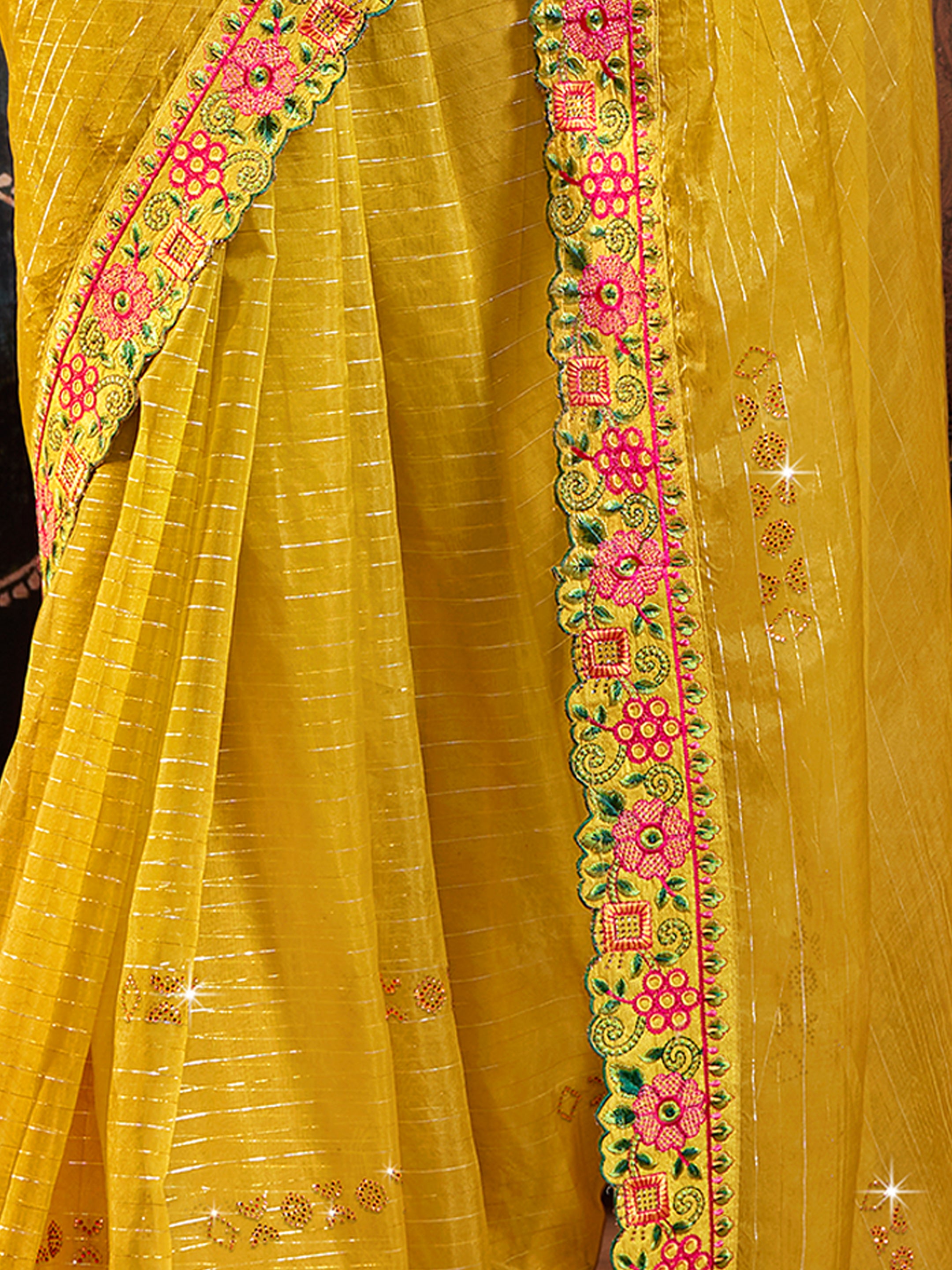 Mustard Organza Embroidery Saree