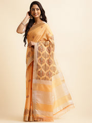 Salmon Orange Linen Cotton Embroidery Saree