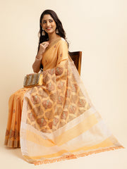 Salmon Orange Linen Cotton Embroidery Saree