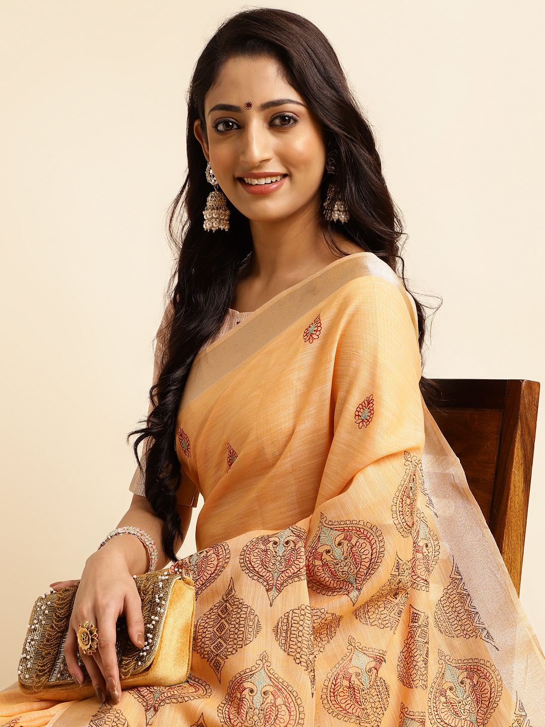 Salmon Orange Linen Cotton Embroidery Saree