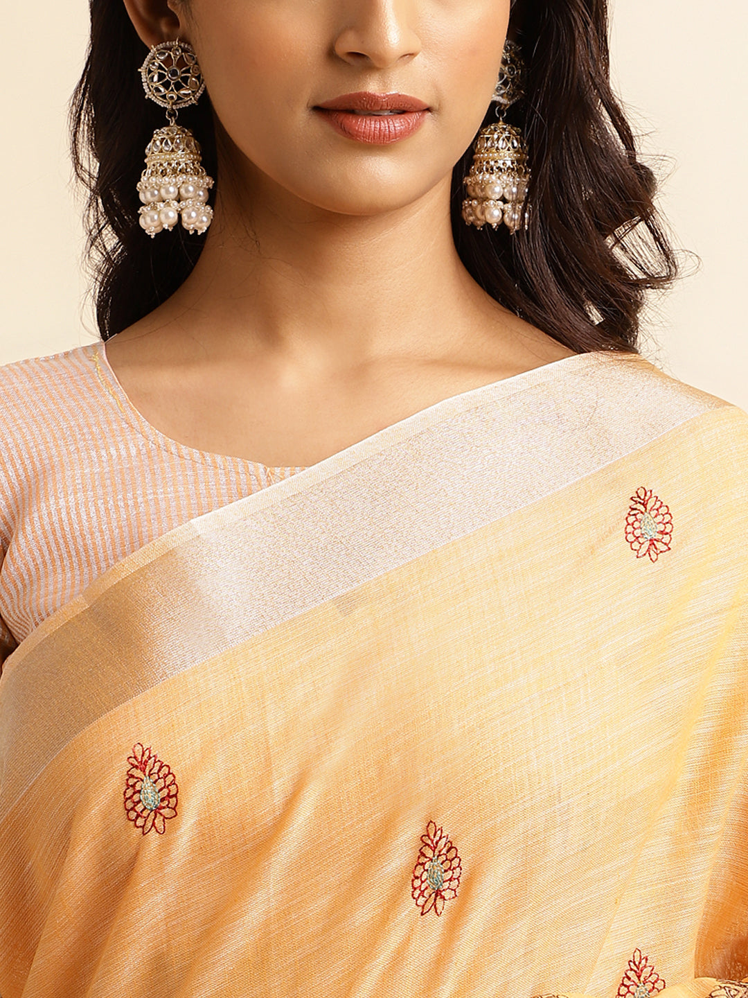 Salmon Orange Linen Cotton Embroidery Saree