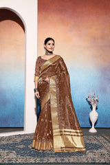 Brown Tissue Cotton Silk Sequins Embroidery Saree