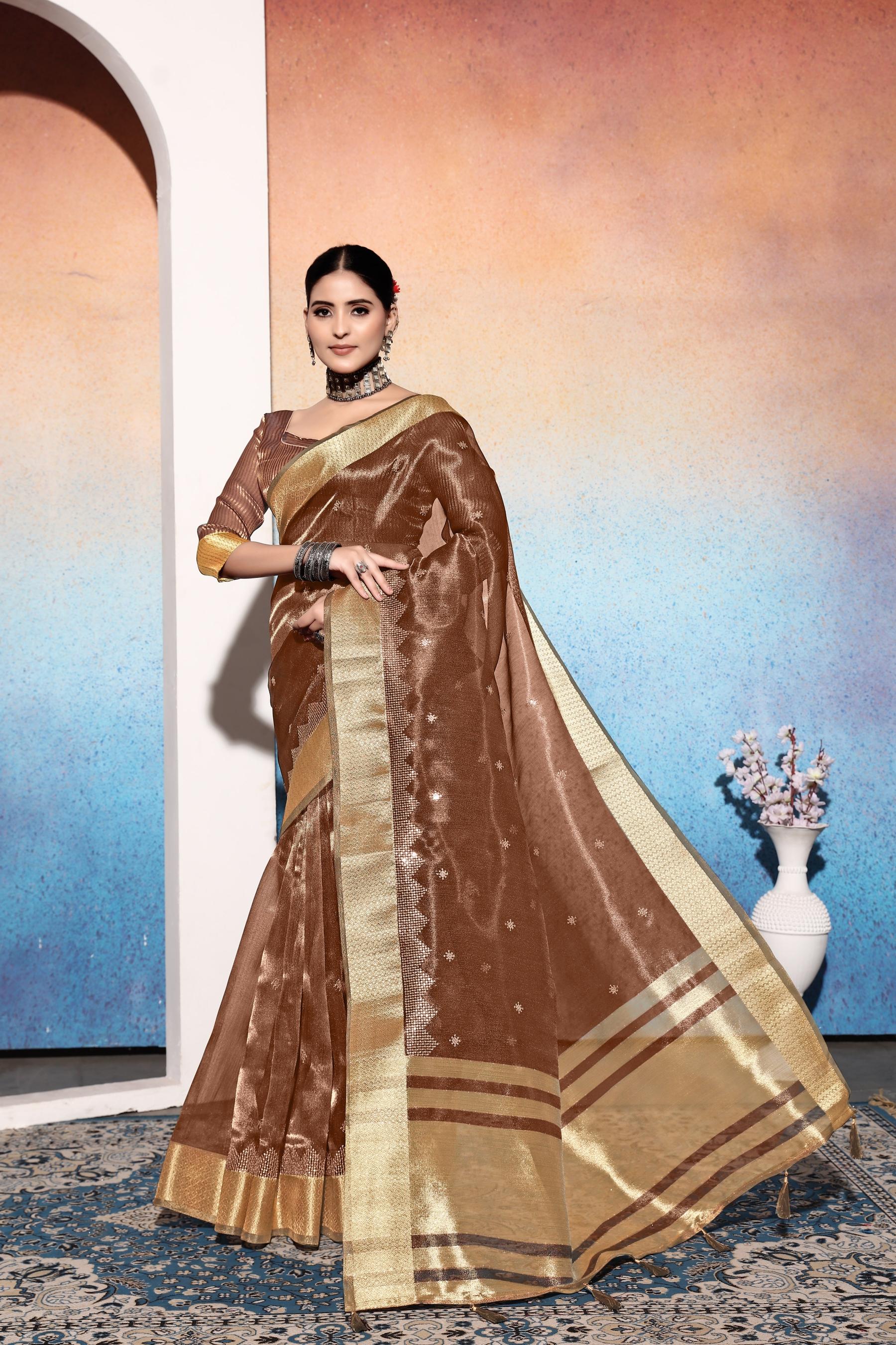 Brown Tissue Cotton Silk Sequins Embroidery Saree