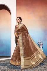 Brown Tissue Cotton Silk Sequins Embroidery Saree