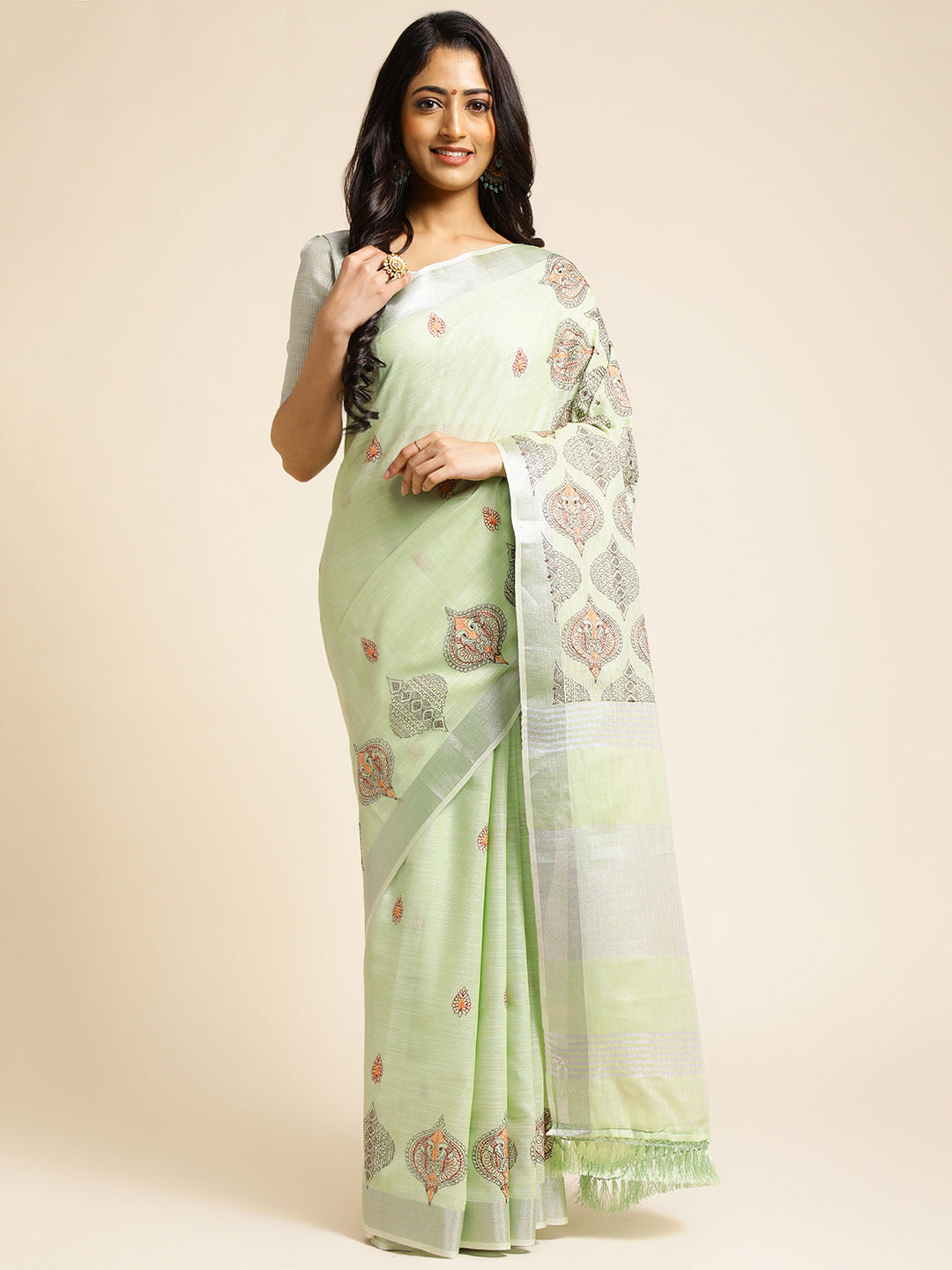 Pista Green Linen Cotton Embroidery Saree