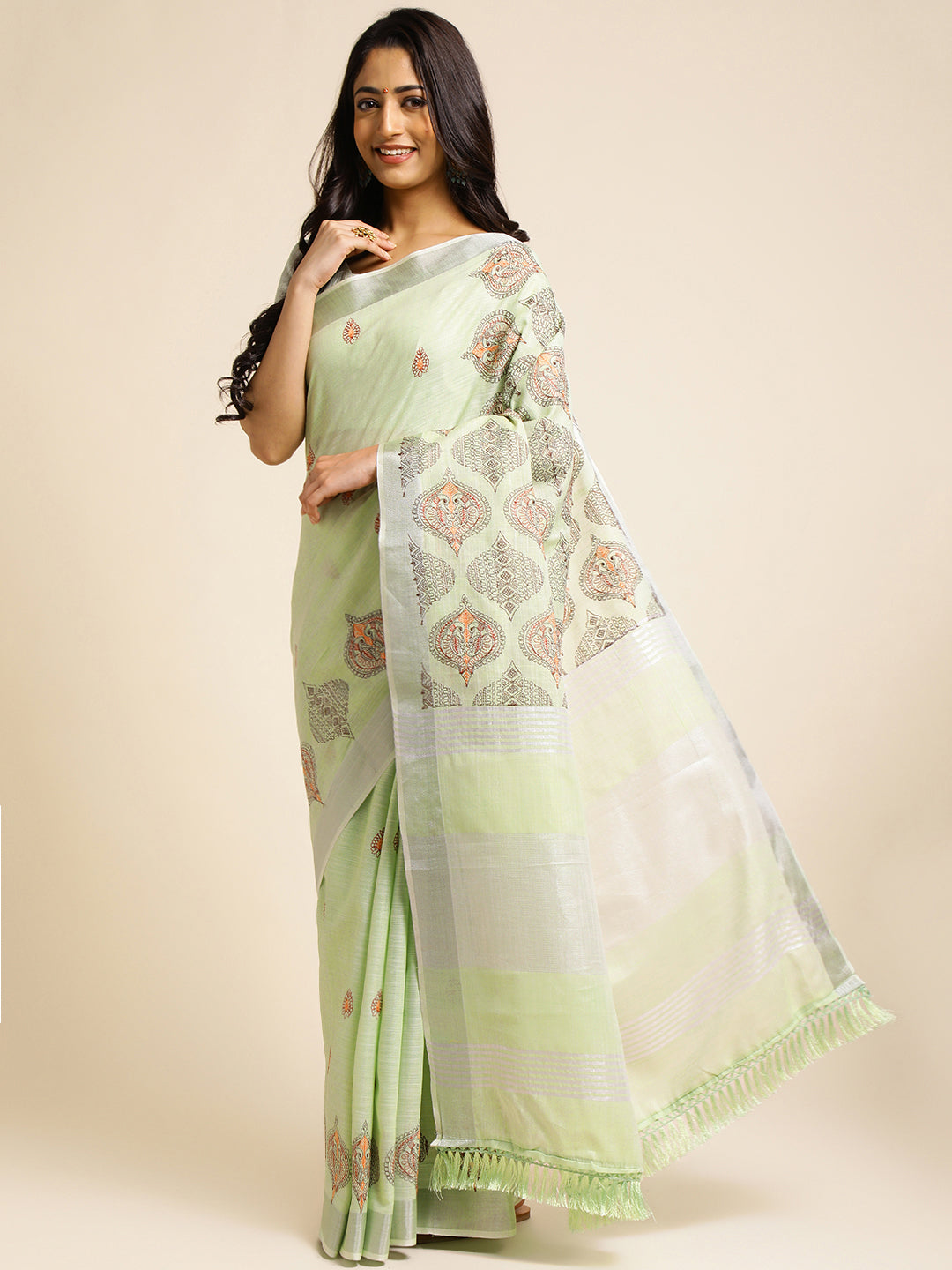 Pista Green Linen Cotton Embroidery Saree