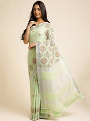 Pista Green Linen Cotton Embroidery Saree