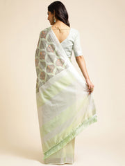 Pista Green Linen Cotton Embroidery Saree