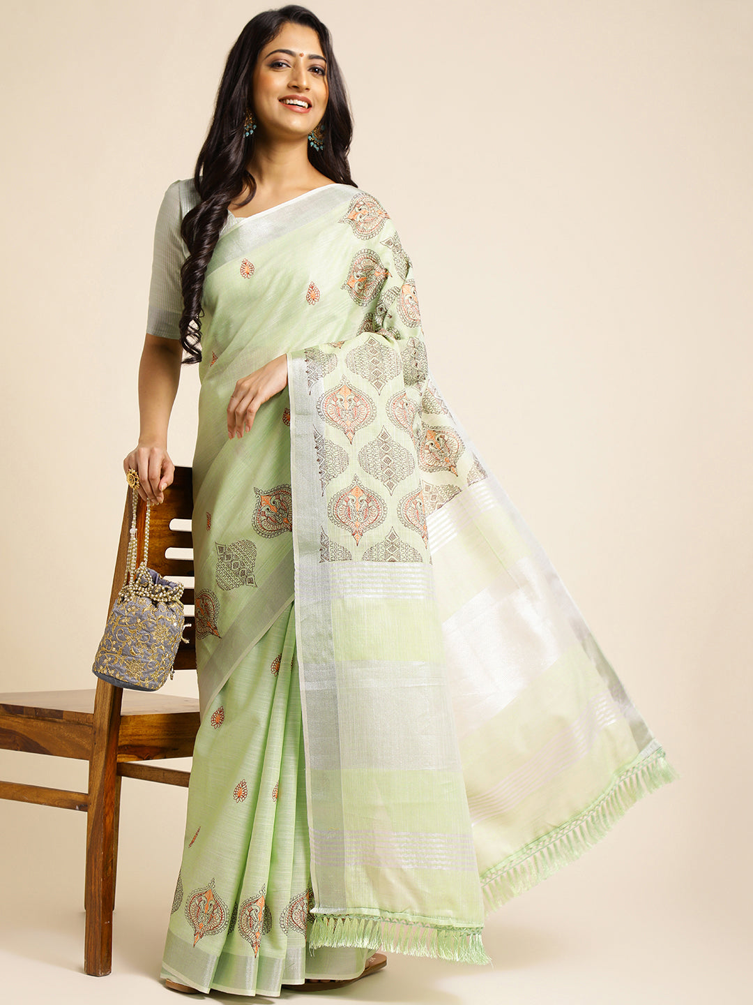 Pista Green Linen Cotton Embroidery Saree