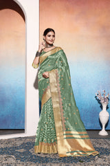 Sea Green Tissue Cotton Silk Sequins Embroidery Saree