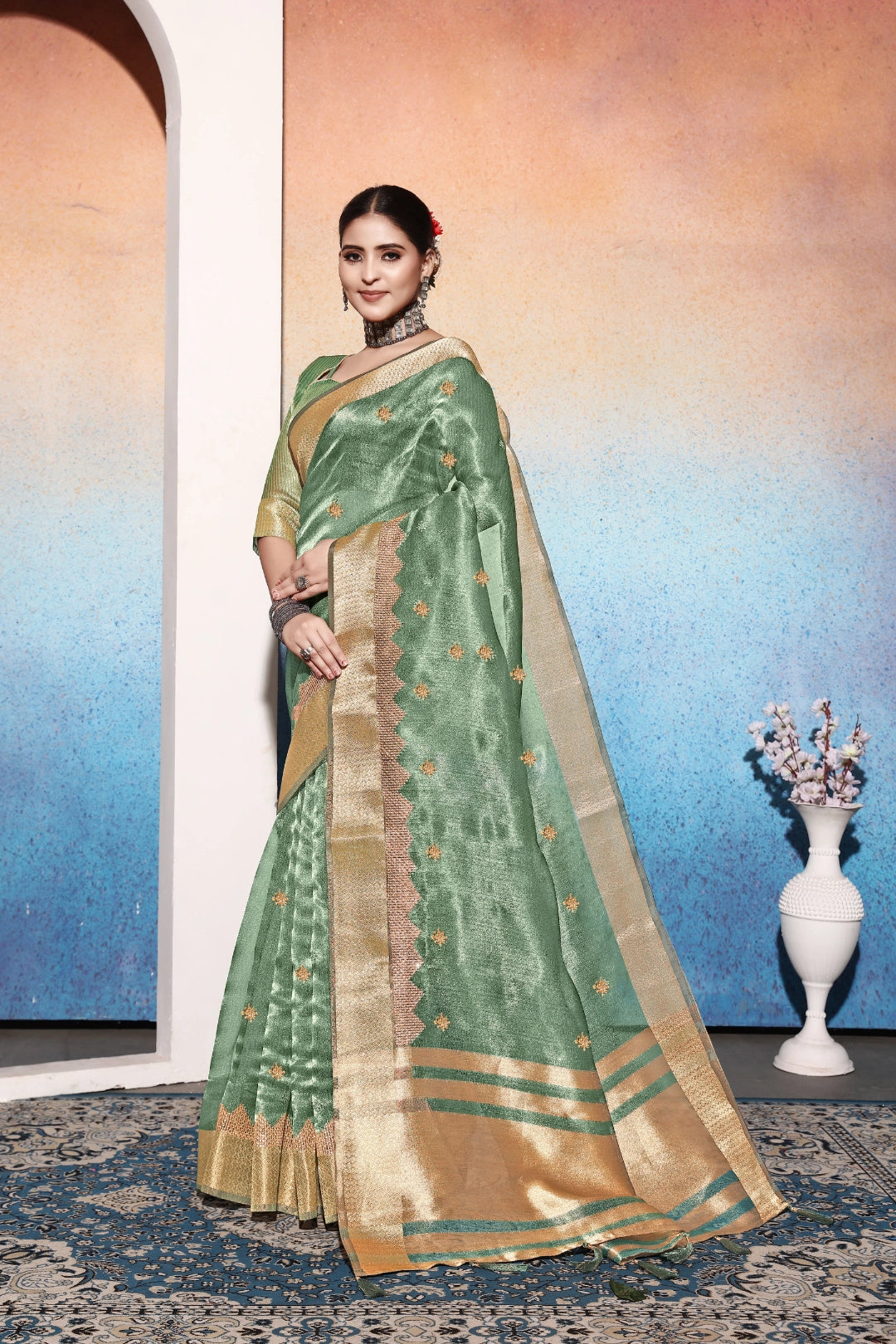 Sea Green Tissue Cotton Silk Sequins Embroidery Saree