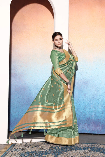 Sea Green Tissue Cotton Silk Sequins Embroidery Saree