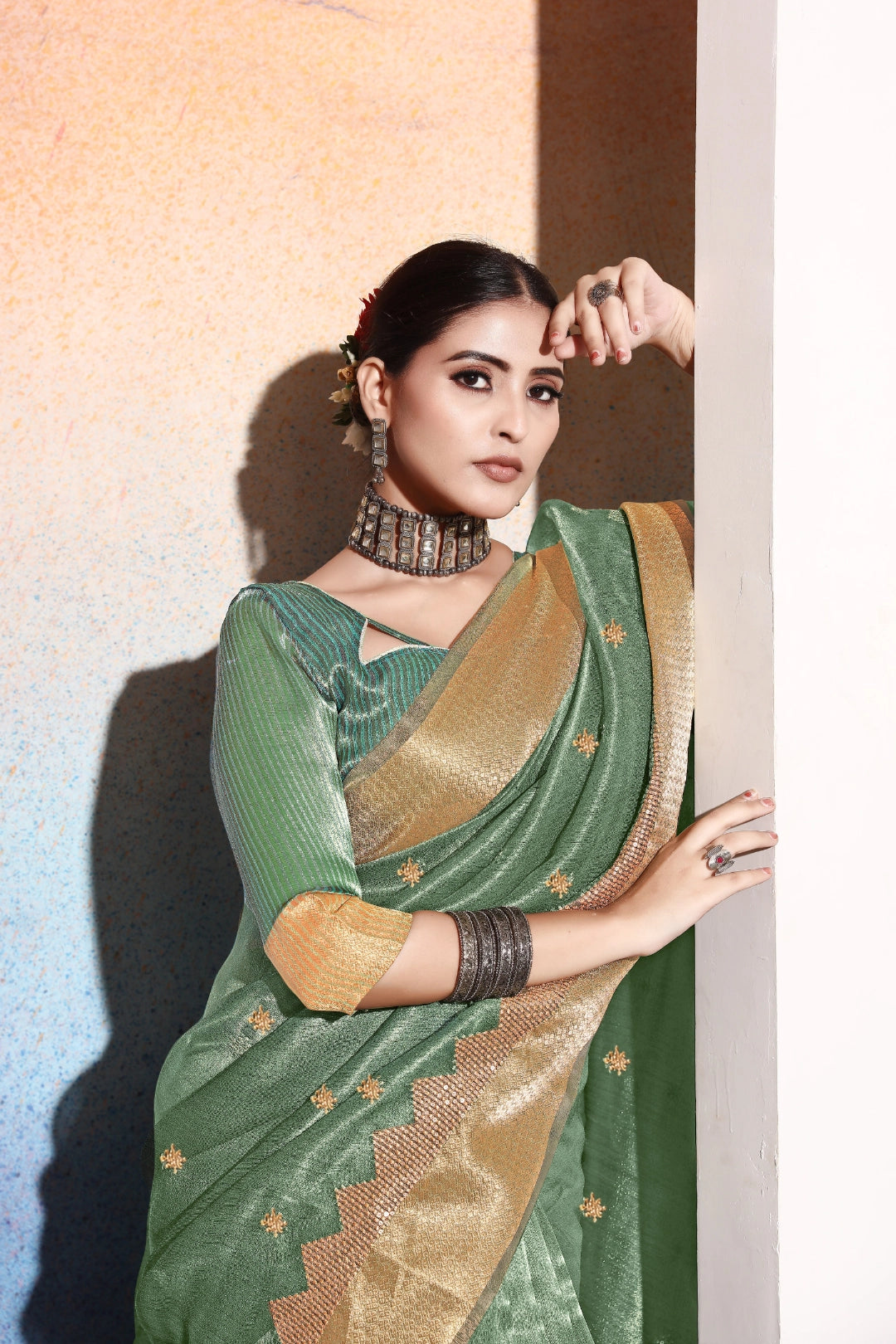 Sea Green Tissue Cotton Silk Sequins Embroidery Saree Main image