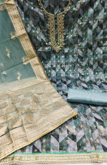 Blue Organza Banarasi Handwork Unstitched Suit