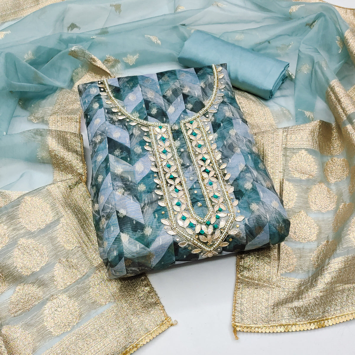 Blue Organza Banarasi Handwork Unstitched Suit