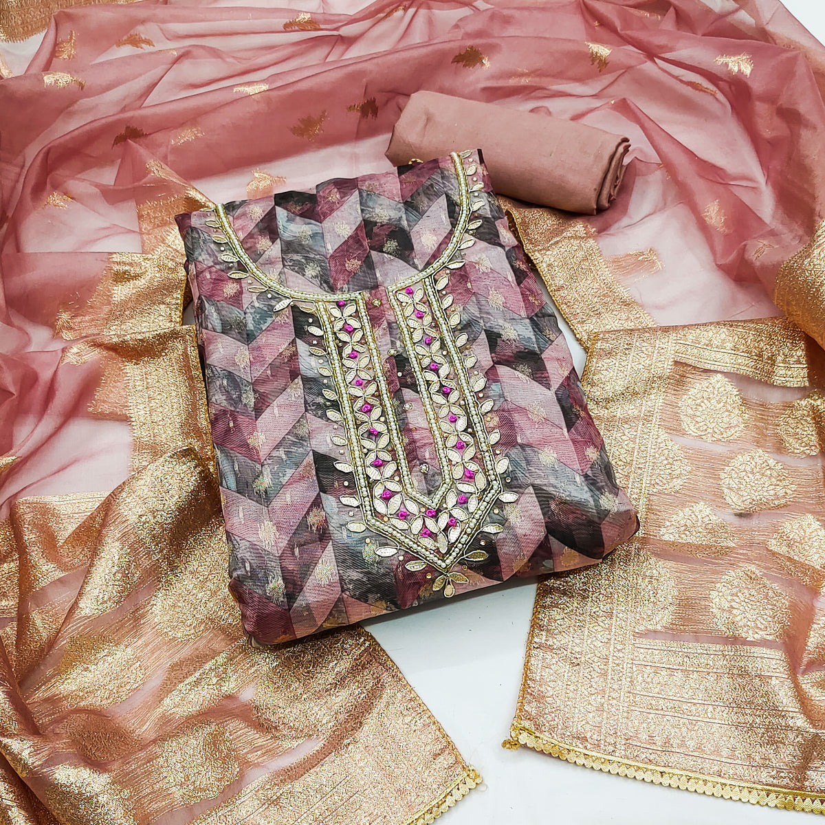 Pink Organza Banarasi Handwork Unstitched Suit