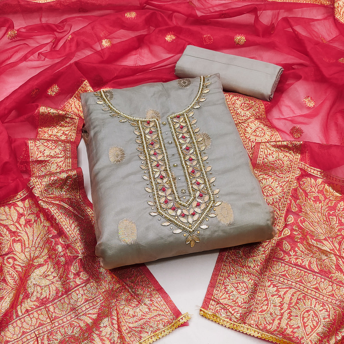 Grey and Red organza banarasi handwork unstitched suit
