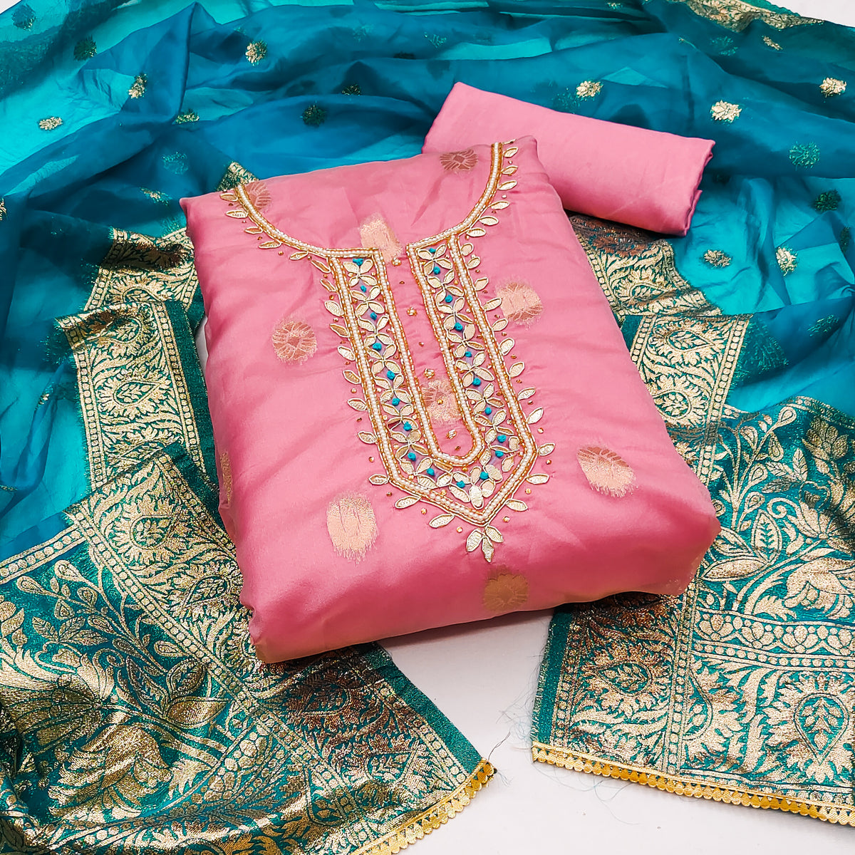 Pink and Blue organza banarasi handwork unstitched suit