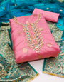 Pink and Blue organza banarasi handwork unstitched suit