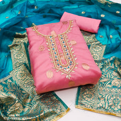 Pink and Blue organza banarasi handwork unstitched suit