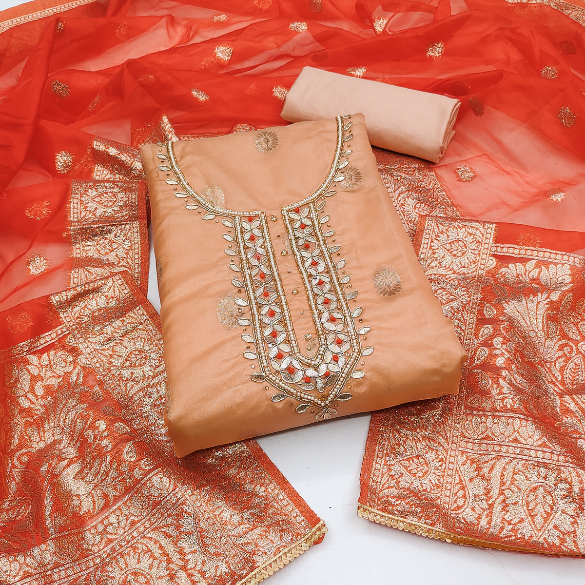 Orange organza banarasi handwork unstitched suit