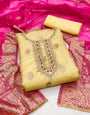 Yellow and Pink organza banarasi handwork unstitched suit