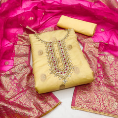 Yellow and Pink organza banarasi handwork unstitched suit