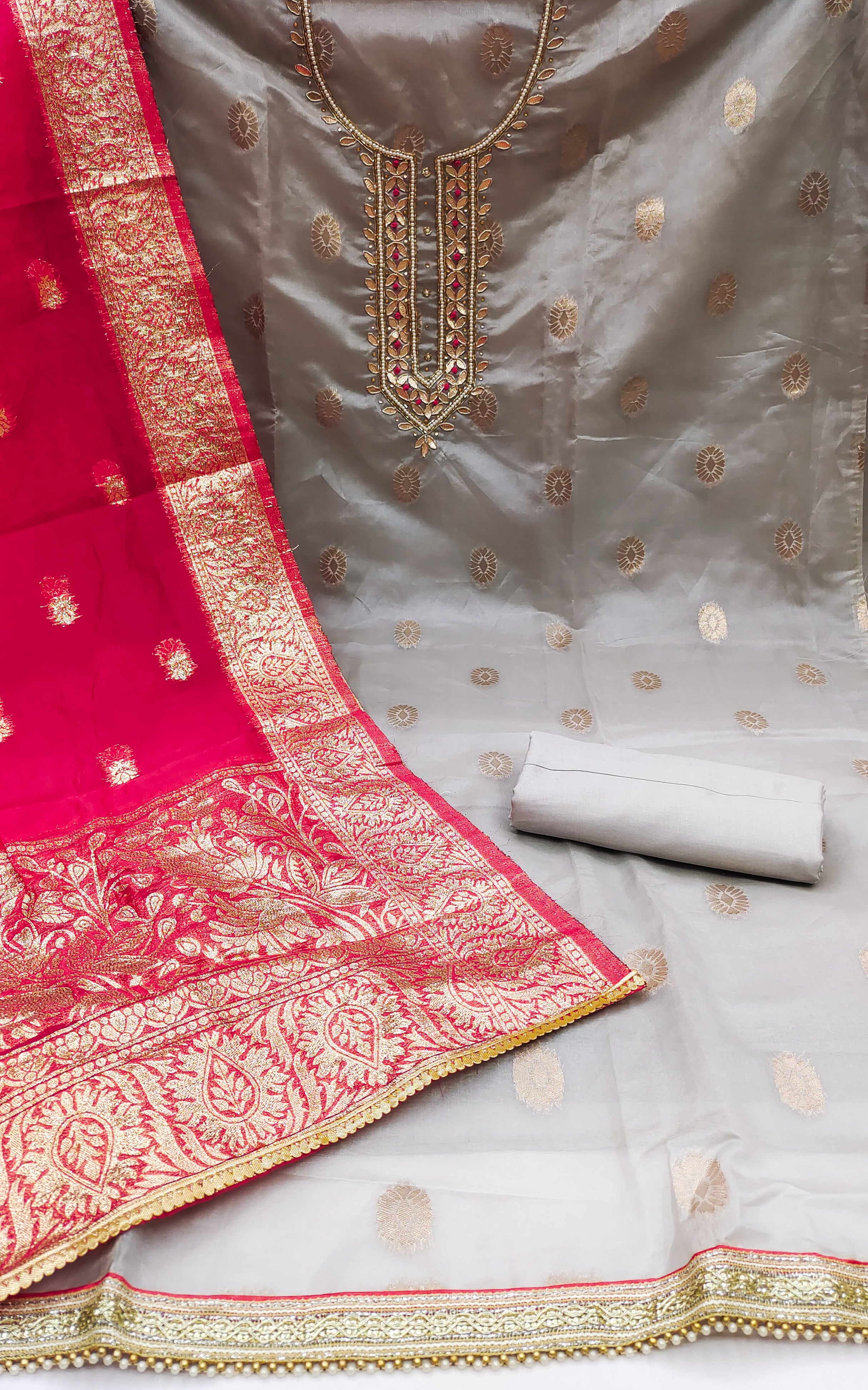 Grey and Red organza banarasi handwork unstitched suit