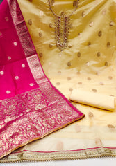 Yellow and Pink organza banarasi handwork unstitched suit