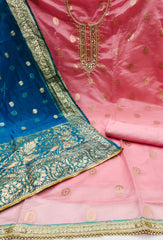 Pink and Blue organza banarasi handwork unstitched suit