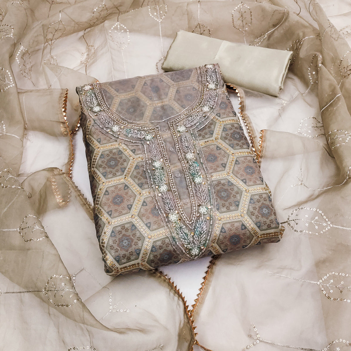 Soft Beige Organza with position handwork Unstitched suit