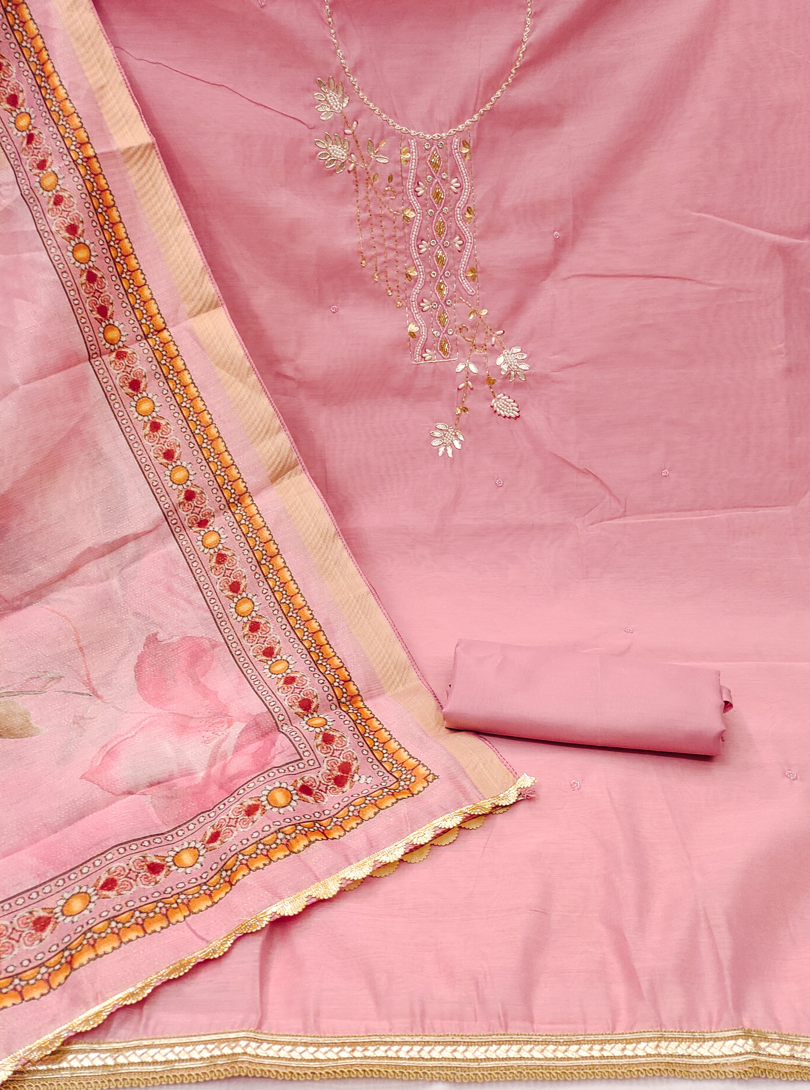 Pink Premium Cotton Handwork Unstitched suit For Engagement