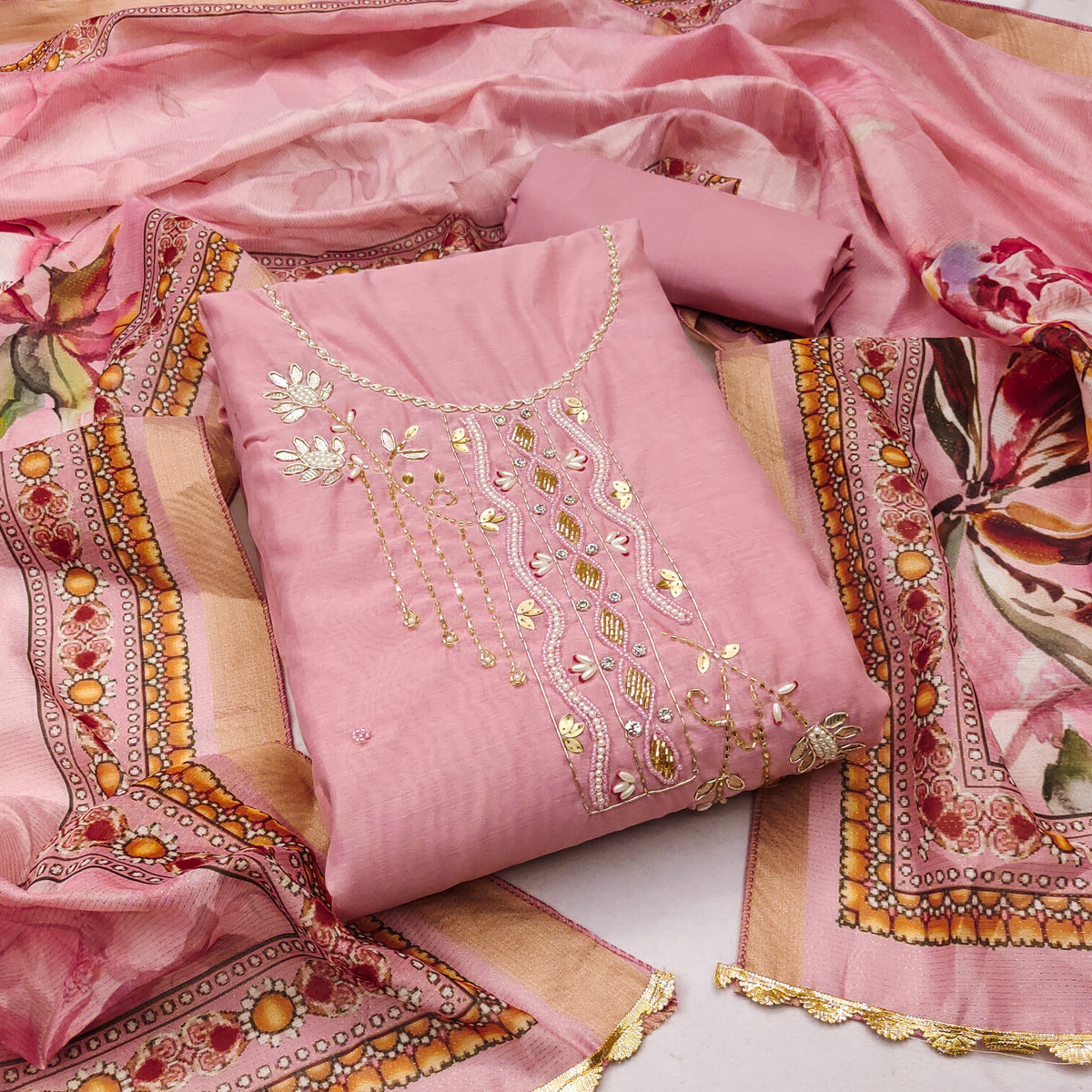 Pink Premium Cotton Handwork Unstitched suit For Engagement