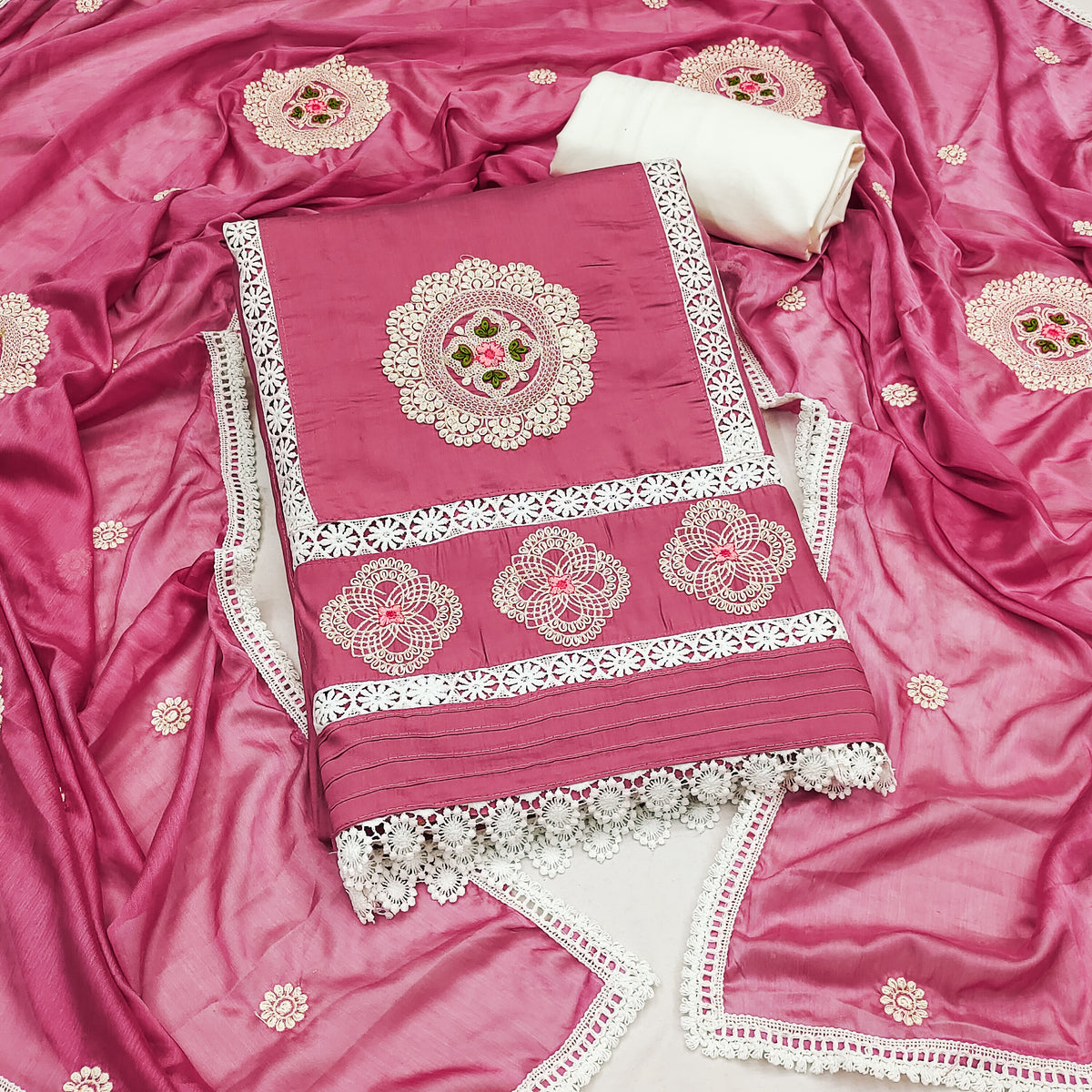 Dark Pink Premium Silk Embroidery work Unstitched suit