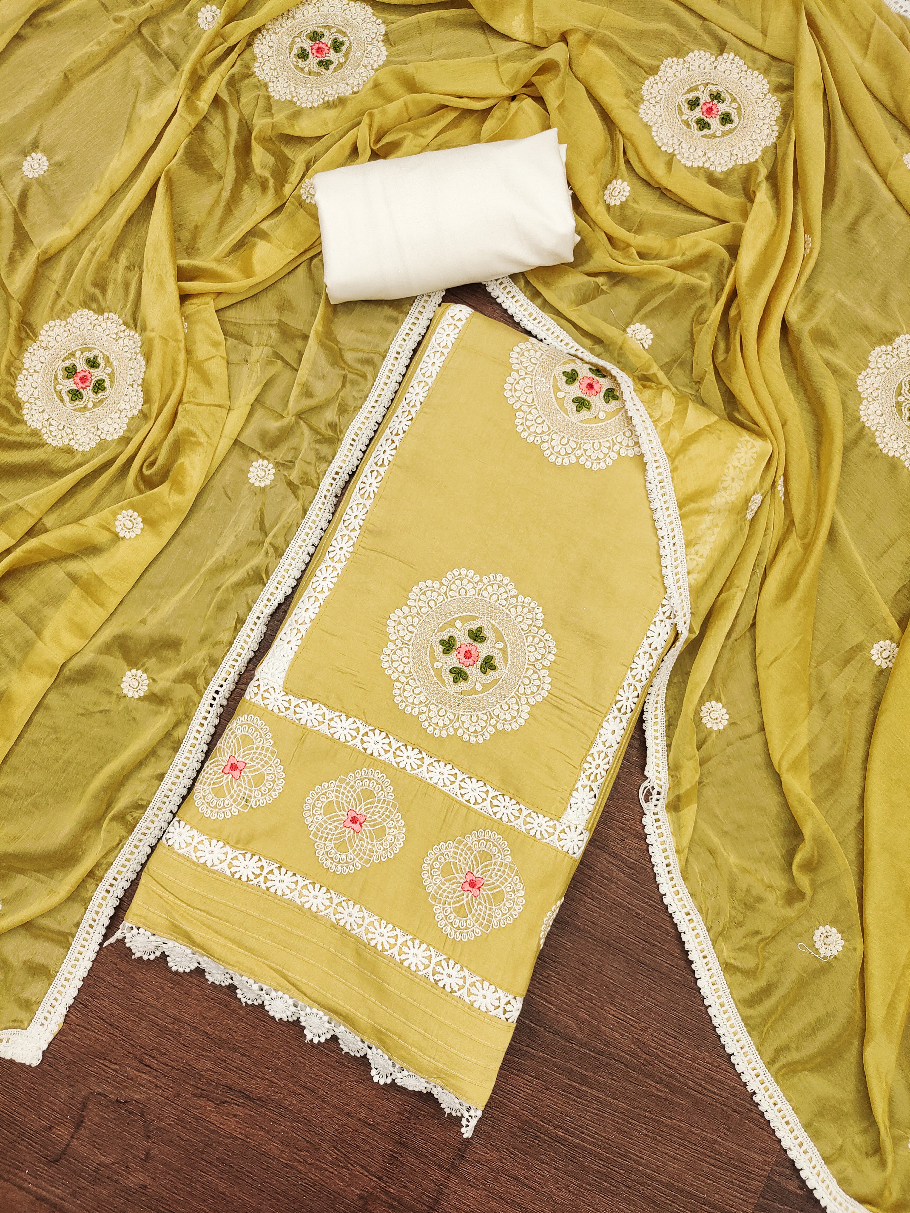 Yellow Premium Silk Embroidery work Unstitched suit