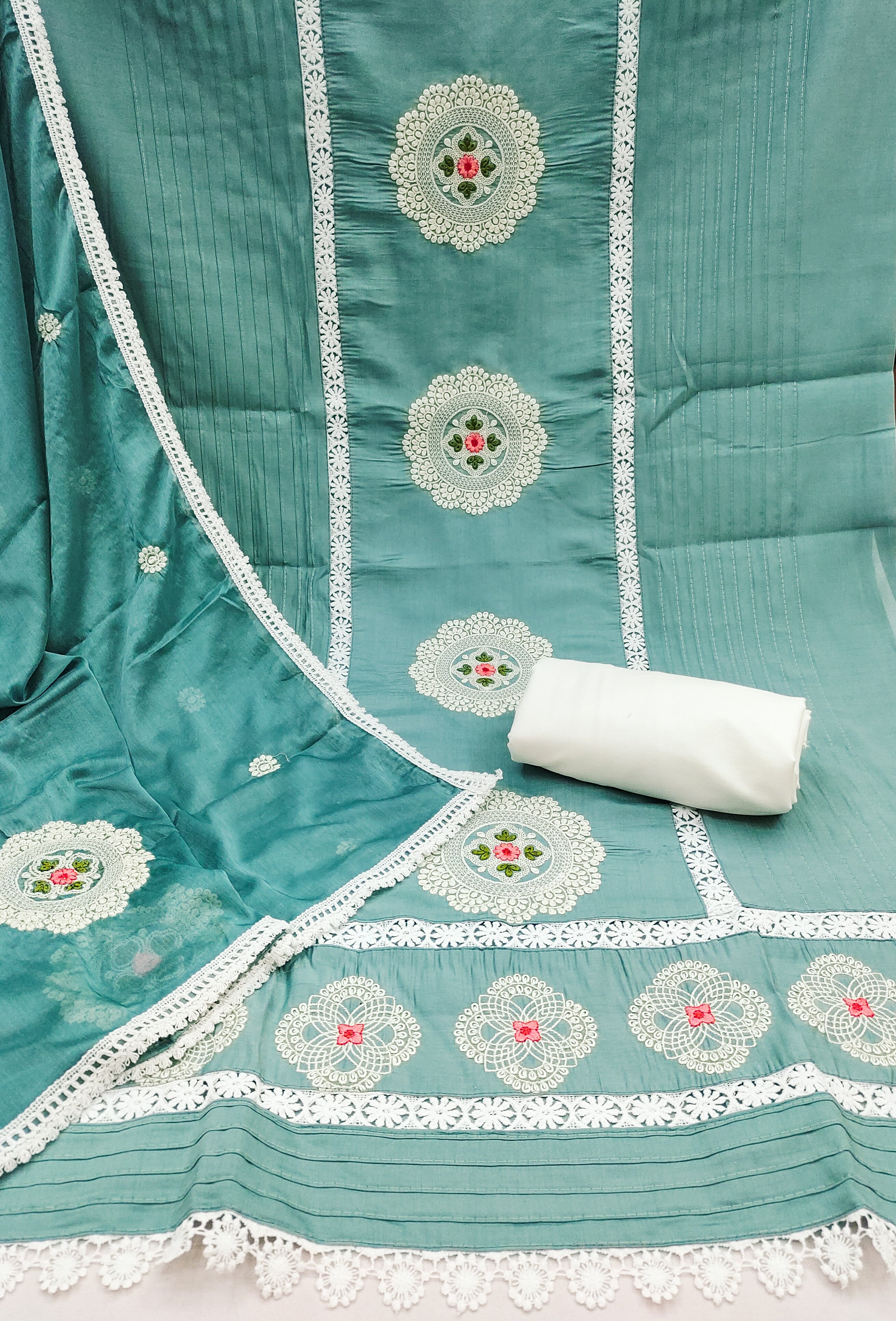 Bottle Green Premium Silk Embroidery work Unstitched suit